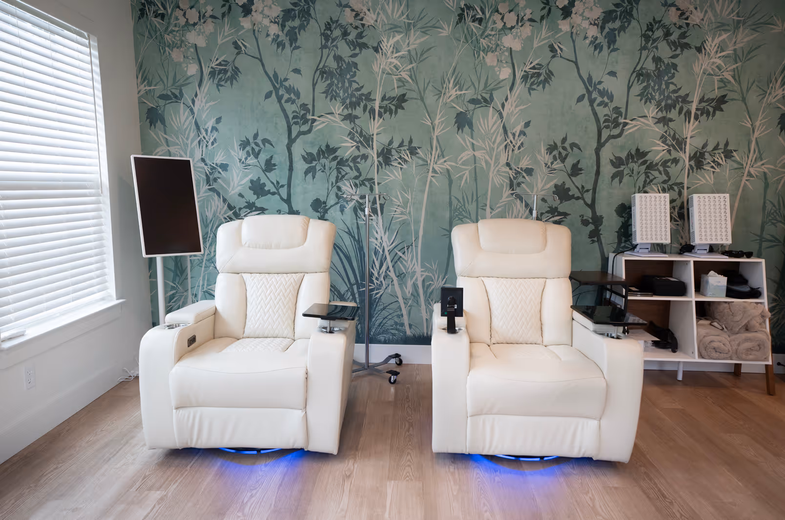 Two cream recliners in front of the botanical wallpaper in the Nova IV Lounge